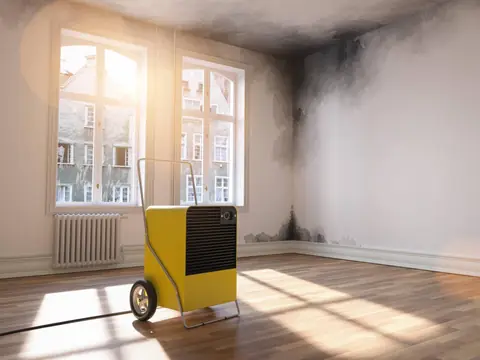 A yellow dehumidifier drying an empty room