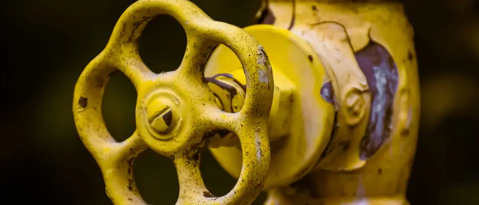 A yellow shut-off valve wheel on a water pipe
