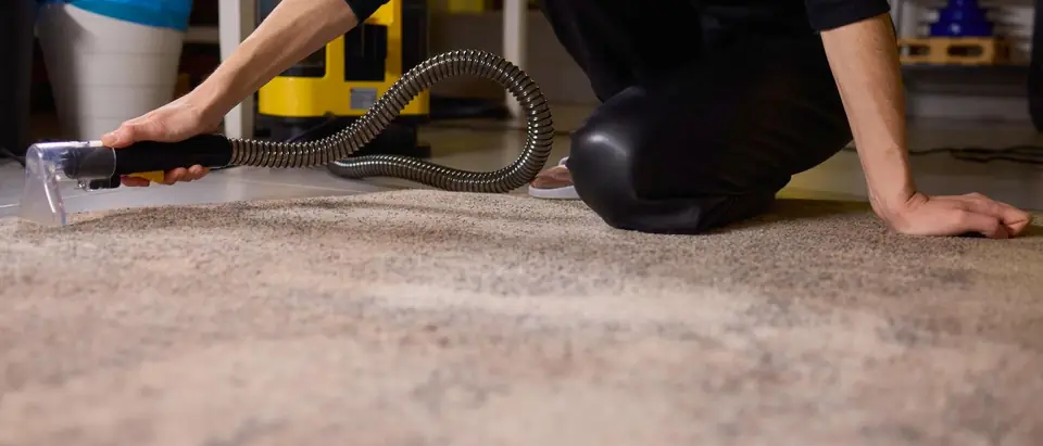 A carpet being extracted with a wand and hose by a kneeling worker
