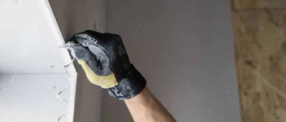 A gloved hand fitting a new sheet of drywall