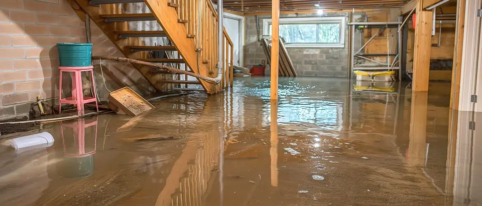 A basement with standing water across the floor under a wooden staircase