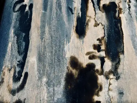 Dark mildew stains spreading across a damp painted wall