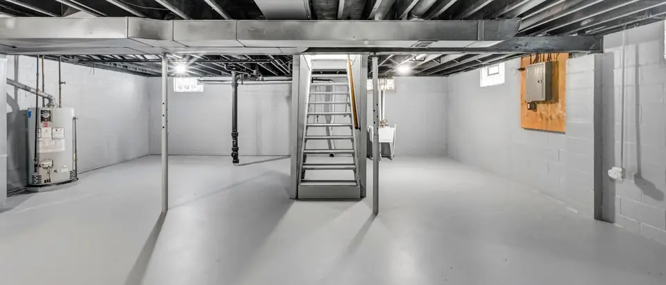A cleared, dry basement with a concrete floor and open stairs