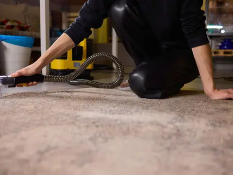 A carpet being extracted with a wand and hose by a kneeling worker